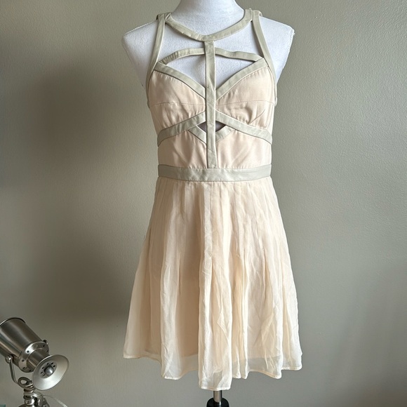 REBECCA TAYLOR Leather Caged Silk Cream Dress - Picture 1 of 6